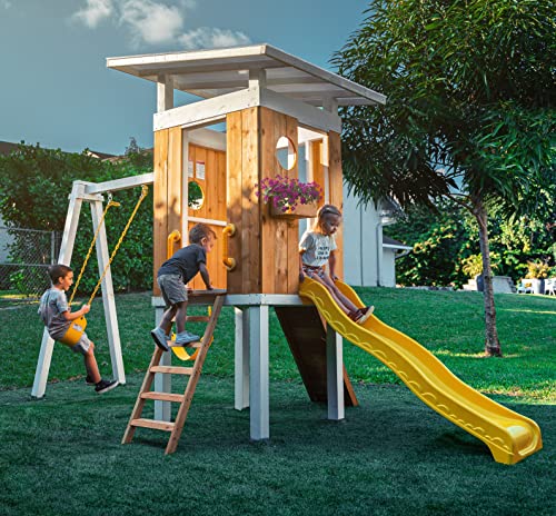 Avenlur Modern Wooden Outdoor Swing Set with Clubhouse & Slide Yellow