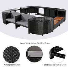 GDFStudio 105.5" x 105.5" Spa Surround Outdoor Patio Furniture Set, Quadrilateral Rattan Hot Tub Surround with Storage Cabinet, Wood & Cushioned Seats, Waterproof Cushions, Steel Frame, Grey
