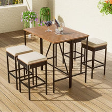 LMAOSS 5 Piece Outdoor Bar Set, Acacia Wood Patio Bar Table with 4 Wicker Stools & Removable Cushions, Folding Space-Saving Dining Set with Adjustable Feet, Outdoor Dining Bistro Set for Backyard Gard