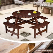 CKEASEAN 8 Person Wooden Picnic Table, Outdoor Round Picnic Table with 4 Built-in Benches, Umbrella Hole, Outside Table and Bench Set for Patio, Backyard, 500lbs Capacity Per Bench (Brown - 8Person)