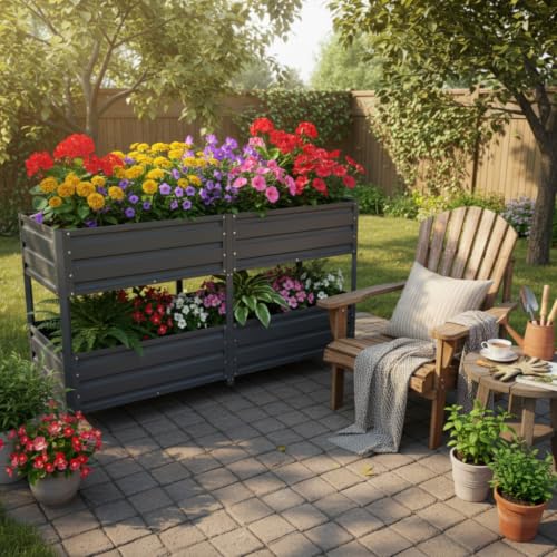Hassyee 2-Tier Elevated Metal Garden Bed with Lockable Wheels & Storage Shelf for Backyard, Lawn, Outdoor Raised Bed with Galvanized Metal Frame for Growing Flowers, Vegetables (Black)