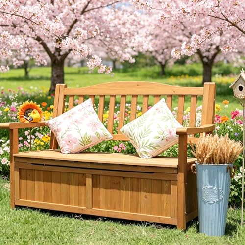 Jidanmian Storage Bench Deck Box for Patio Furniture, Solid Wood, Large Outdoor Bench Front Porch Decor and Outdoor Seating – Perfect to Store Garden Tools and Items(B)