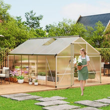 8x12 FT Greenhouses for Outdoors – Walk-in Polycarbonate Greenhouse with Roof Vent, Lockable Swing Door, Heavy-Duty Aluminum Frame Green House for Garden, Backyard, Patio (Silver)