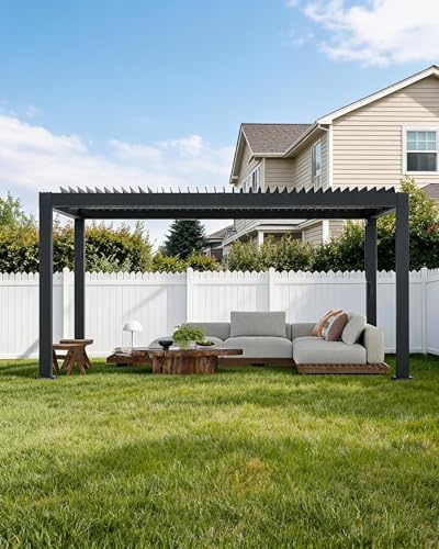 12' x 16' Louvered Pergola, Outdoor Pergola with Adjustable Louvered Roof, Reinforced Aluminum Frame, Integrated Drainage System, for Patio, Deck, Grey