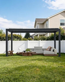 12' x 16' Louvered Pergola, Outdoor Pergola with Adjustable Louvered Roof, Reinforced Aluminum Frame, Integrated Drainage System, for Patio, Deck, Grey