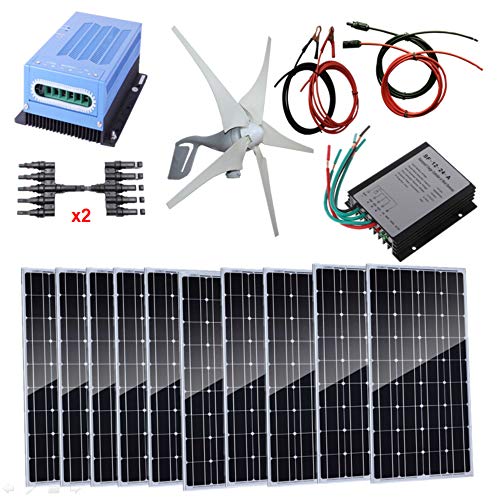 AUECOOR 1.4Kw Wind Solar Power: 10pcs 100W Mono Solar Panels & 400W Wind Turbine Generator & 10pcs 100W Mono Solar Panels & MPPT Controller+Wind Controller & Cable Connector Home Boat RV