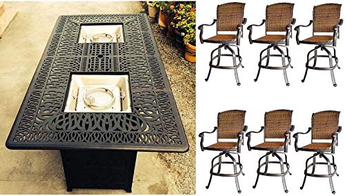 Sunvuepatio 7 Piece Outdoor Bar Set with Fire Pit and Swivel Barstools Antique Bronze