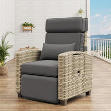 IDEALHOUSE Outdoor Recliner Chair, Reclining Patio Chairs with Adjustable Backrest & Footrest, Wicker Lounge Recliner Up to 150° with Flip-Up Table, Grey, Set of 1
