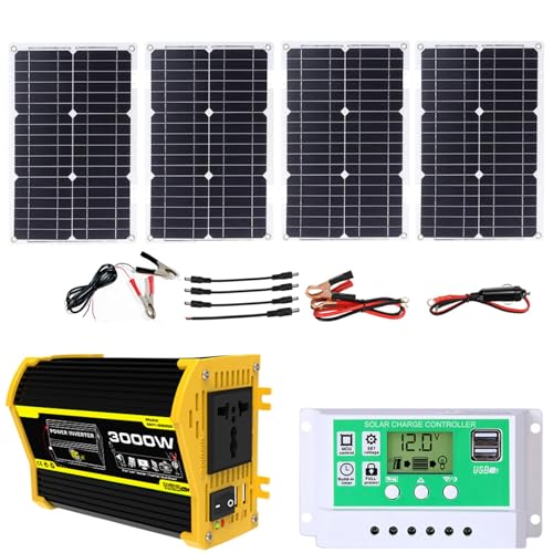 OLONETO 3000W DC 12V to 220V/110V AC Inverter＋100W18V Folding Solar Panel＋50A Solar Charge Controller Suitable for RV Home Off-Grid System Solar Power Bank Off-Grid Solar Kit(Black,12V-220V)