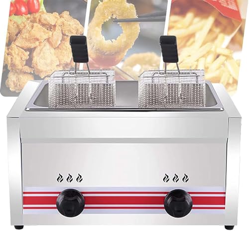 Professional Commercial Gas Fryer Stainless Steel, Adjustable Firepower, Large Capacity Double Fryer, With Baskets And Lid, Easy Cleaning Singlecylinder20l