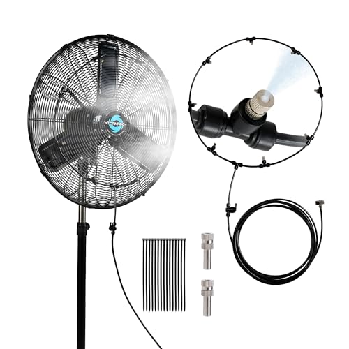 Tornado 30 Inch Outdoor Misting Pedestal Fan, 8850 CFM High Velocity Oscillating Fan with Water-Resistant Design, 10 Brass Nozzles & 19.69 FT Hose for Patio, Garden, Backyard Cooling