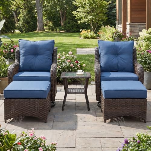ADRERIC 5-Piece Patio Furniture Set with 6" Ultra-Thick Cushions, Swivel Rocker Chairs with Side Table and Ottoman, All-Weather Round Wicker Conversation Set & Bistro Set for Porch Sunroom Deck, Blue