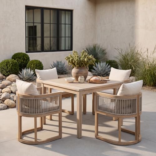 Christopher Knight Home Malo Outdoor Dining Chairs Set of 4 with Cushion, Acacia Wood Patio Dining Chair with Woven Rope Accent, Kitchen Side Chair, Patio Furniture Dining Set, Light Teak+ Beige