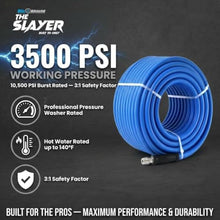 The Slayer Hybrid Pressure Washer Hose 1/2" | 3500 PSI, Kink Resistant, Non-Marking, Lightweight, 1/2" Male NPT, Blue Replacement for Hydrotek, Hotsy, Landa, Mi-T-M (200 Ft)