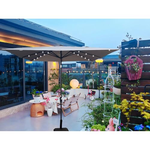 Square 2.5X2.5M Outdoor Patio Umbrella Solar Powered LED Lighted Sun Shade Market Waterproof 8 Ribs with Crank and Cross Base for Garden Deck Backyard Outside Swimming Pool