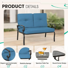 Incbruce 7 Piece Wrought Iron Patio Furniture Set Metal Outdoor Conversation Sets (Loveseat, Coffee Table and Bistro Table, 2 Spring Chair, 2 Dining Chairs) with Cushion (Peacock Blue)