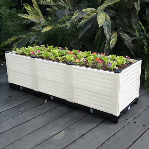 Dalumian Raised Garden Bed Kit, Outdoor Plastic Planter Pot, Standing Narrow Plant Stand, Rectangle Planters, Plant Shelf for Balcony, Rooftop, Patio or Yard (White)(Double Layer)