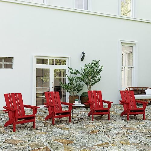 Merrick Lane Ridley Adirondack Chairs Set of 4 with Cup Holders, Weather Resistant Poly Resin Red