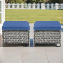Seeheool Outdoor PE Wicker Ottomans Set of 2, Patio Gray Rattan Footrests with Blue Cushions for Backyard or Deck