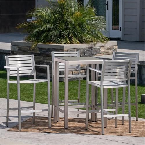Noble House Cape Coral 5 Pc Aluminum Bar Set with Grey Tempered Glass Top