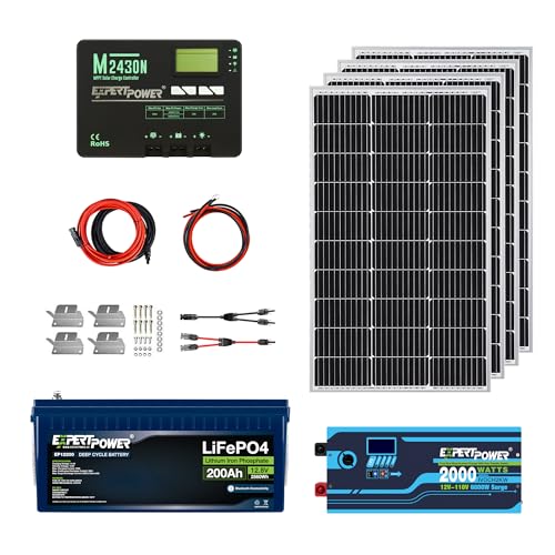 ExpertPower 2.5KWH 12V Solar Power Kit | LiFePO4 12V 200Ah, 400W Mono Solar Panels, 30A MPPT Solar Charge Controller, 2KW Pure Sine Wave Inverter Charger | RV, Trailer, Camper, Marine, Off Grid