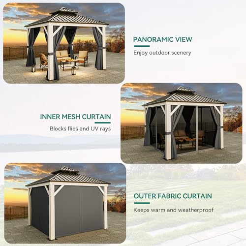 YITAHOME White Gazebo 10x10ft Hardtop Double Roof with Netting and Curtains