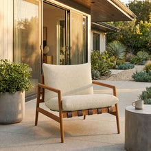 Modway Nomi Teak Wood Outdoor Sling Accent Chair in Sand - Faux Leather Vegan Patio Armchair with Removable Cushioned Upholstery