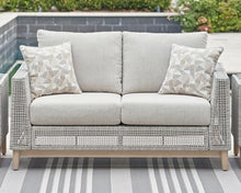 Signature Design by Ashley Seton Creek Cottage Weather Resistant Outdoor Loveseat with Cushion and 2 Throw Pillows Light Brown & Light Gray