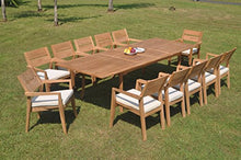 TeakStation 12 Seater Grade-A Teak Wood 13 Pc Dining Set: 118" Double Extension Rectangle Table and 12 Vellore Stacking Arm Chairs #TSDSVL13