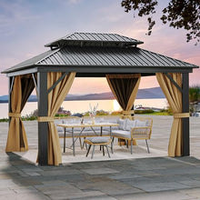 DWVO 12x14ft Hardtop Gazebo Double Roof with Nettings and Curtains Brown