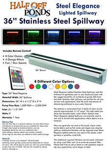 HALF OFF PONDS Elegant Spillway Kit - 36" Lighted Color-Changing Stainless Steel Spillway with 65-Gallon Basin Stainless Steel