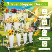 NLLATEI 3 Tier Heavy Duty Flower Display Stand with Wheels, Buckets & Handrails - Moving Plant Cart for Balcony Courtyard, Florist Pop-Up Events, Art Exhibitions