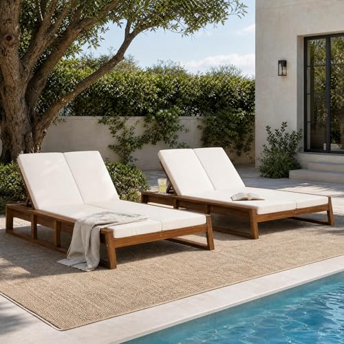 Christopher Knight Home Set of 2 Acacia Wood Outdoor Double Chaise Lounge with Adjustable Backrest Patio Daybed with Thick Cushions for Poolside Backyard Balcony Natural Finish Beige Cushion