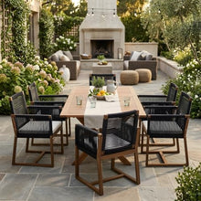Christopher Knight Home Rame 7 Piece Acacia Wood Outdoor Dining Table Set for 6, Extendable Dining Table and 6 Chairs with Cushion & Rope Accent, Wooden Outdoor Patio Furniture Set, Teak + Black