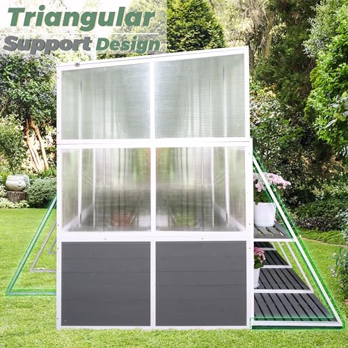 CIATRE Wooden Lean-To Greenhouse, Heavy Duty Outdoor Walk-In Garden Shed, White+Gray