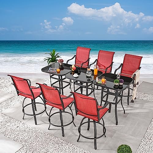 Festival Depot 9pcs Patio Dining Set Bar Height Swivel Bistro Chairs with Armrest and Tempered Glass Table Red