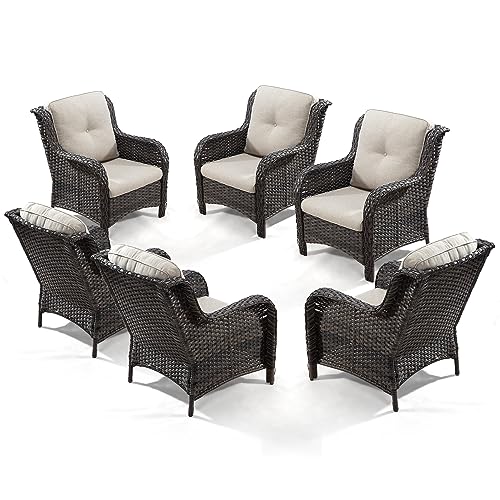 MeetLeisure Outdoor Wicker Chair Rattan Patio Dining Chairs Set of 6 PE Wicker Patio Chairs with 4 inch Seat Cushions Patio Seating Chair for Garden, Backyard Swimming Pool, Balcony, Beige