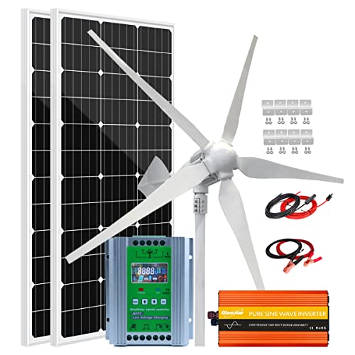 1200W Solar Wind Kit with 2000W Power Inverter Off Grid System for Mobile Home：1000W 24V Wind Turbine Generator + 2pcs 100W Mono Solar Panel + Hybrid MPPT Charge Controller + Accessory