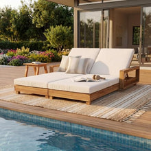 Christopher Knight Home Mari Acacia Wood Chaise Lounge Chair Outdoor, Spacious Double Outdoor Chaise Lounge with 3-Fold Cushions, 4 Position Adjustable Backrest Pool Lounger, Light Natural + Cream