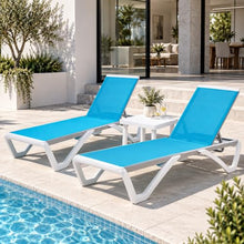Kozyard Outdoor Chaise Lounge Chair, Full Flat Adjustable Patio Lounger with Aluminum Frame & Resin Legs, Textilene Fabric for Poolside, Backyard & Beach (Aqua, 2Chairs + Table)