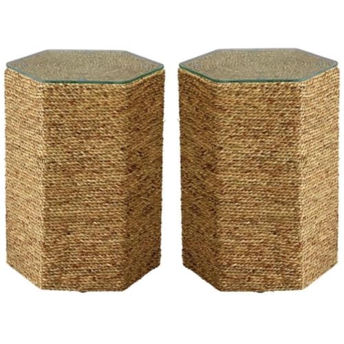 Home Square Coastal Glass & Sea Grass Side Table in Natural - Set of 2