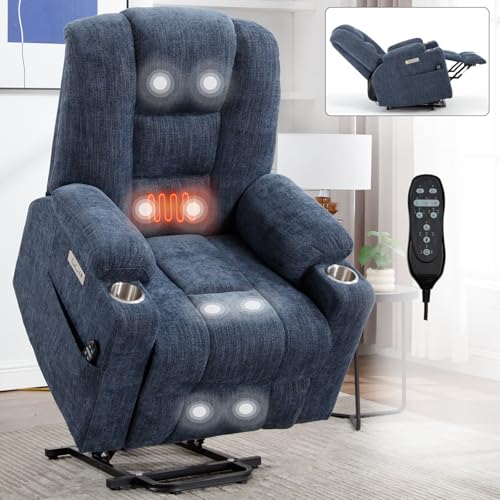 Power Lift Recliner Chair for Elderly with Massage & Heat, Chenille, Blue