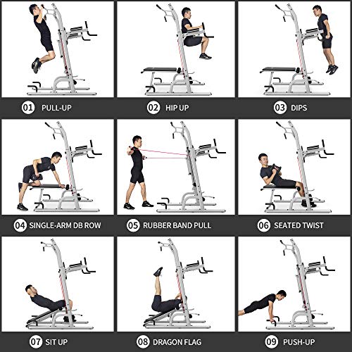 leikefitness Multifunction Power Tower Exercise Equipment Silver--With Bench