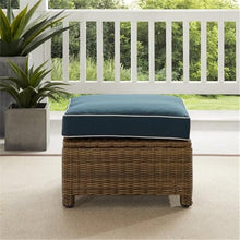 Afuera Living Outdoor Ottoman, Navy & Weathered Brown Resin Wicker, 18.5"H x 25"W x 20"D, Powder-Coated Steel Frame, UV-Resistant Polyester Cushion, Handwoven Patio Furniture for Balcony or Porch Use