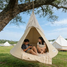 Double Birnest Hanging Chair – Cozy Indoor/Outdoor Hammock with Olefin Canvas, 660 lb Capacity, Includes Two Circle Aluminum Pole & Carabiner. Swing Sofa. (Brown)