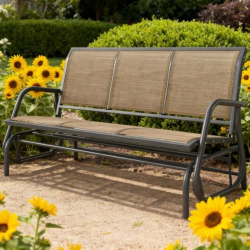 Homyee Sturdy Patio Glider Bench w/Breathable Texteline Fabric Back & Seat for Garden, All Weather Outdoor 3 Seater Glider Chair w/Durable Powder Coated Metal Frame for Porch, Deck, Balcony (Brown)