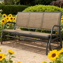 Homyee Sturdy Patio Glider Bench w/Breathable Texteline Fabric Back & Seat for Garden, All Weather Outdoor 3 Seater Glider Chair w/Durable Powder Coated Metal Frame for Porch, Deck, Balcony (Brown)