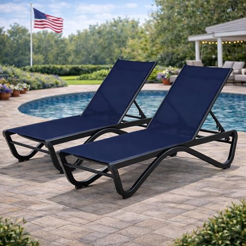 Kozyard Outdoor Chaise Lounge Chair, All Aluminum Frame and Textilene Fabric, Fully Flat Adjustable Reclining Patio Lounger for Pool Sun Shelf, Tanning Ledge, Sunbathing & Backyard (NavyBlue, 2Chairs)