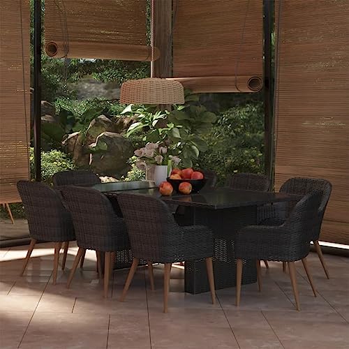 AMBERARD 9 Piece Patio Dining Set Poly Rattan Black Furniture Set