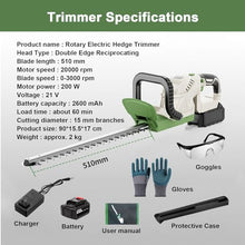 Cordless Handheld Hedge Trimmer, 200W Electric Brush Cutter, 51cm Double-Edged Blade, 180° Adjustable Head, Power Hedge Trimmer, Soft Grip Handle, 15mm Tooth Opening Capacity,2batteries